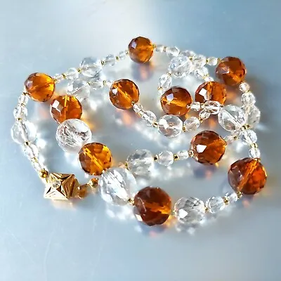 Necklace 22'' Czech Orange/White Glass Vintage Beads Women`s Jewelry Art Deco • $38.50