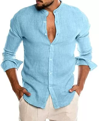 Mens Casual Shirt Cotton Linen Stand Collar Long Sleeve Button Down Cardigan • $23.37