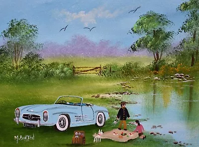 Mal Burton Original Oil Painting Picnic With Daddy Mercedes Classic Car • £79