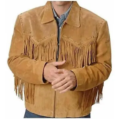 Men Native American Cowboy Leather Fringe Brown Western Suede Jacket With Zipper • $114.99