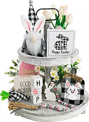 Easter Tiered Tray Decoration 8Pcs Spring Easter Bunny Gnome Decor Buffalo Plaid • $25.63