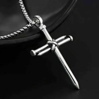 Mens Christ Jesus Nail Rope Cross Pendant Necklace Stainless Steel Chain Silver • $10.79