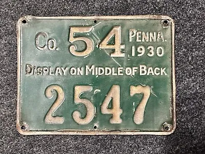 1930 Pennsylvania Hunting License Schuylkill County NO. 54 Metal Vintage • $44.95
