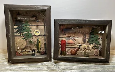 Vintage Fishing Diorama AND Hunting Diorama Shadow Box 3D Mancave - Set Of 2 • $50