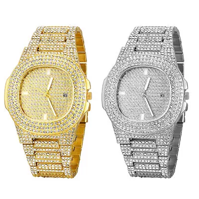 Men's Luxury Iced Watch Bling Full Rhinestone Date Luminous Quartz Wristwatch • £9.73