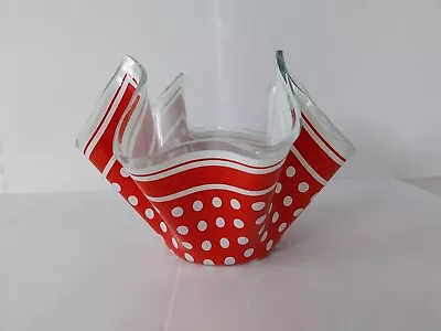 CHANCE GLASS HANDKERCHIEF VASE RED/ WHITE POLKADOTS  1960s/1970 RETRO. • £11