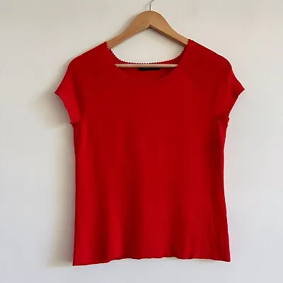 Marco Polo Red T-shirt Ribbed Crochet Trim Small Stretchy Top Rayon • £15.63