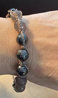 7.5 -8.5 Adjustable Faceted Grey Moonstone Hematite And Onyx Bead Bracelet • $75