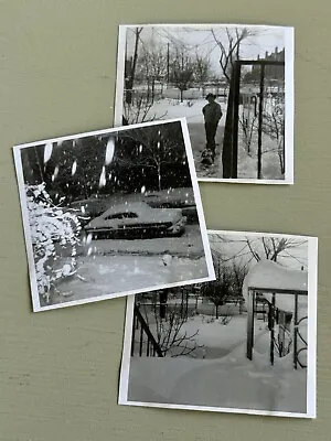 $4.99 • Buy 3 Vintage Photographs Snow Storm 1958 Old Car Man Shoveling Sidewalk