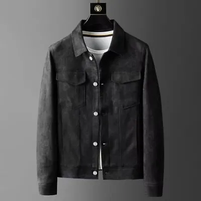 Hot Mens Retro Formal Jacket Coat Button Trucker Faux Suede Casual Laple Coat • $32.54