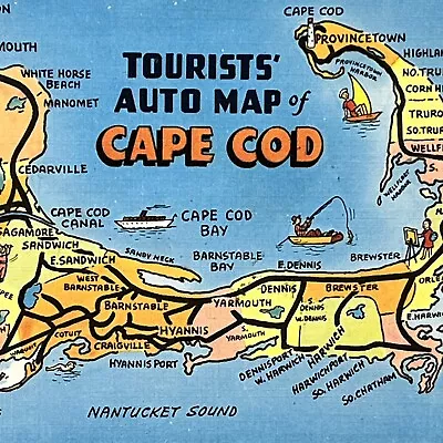 Vintage Cape Cod MA Linen Postcard Tourist Map Massachusetts Unposted • $3.35