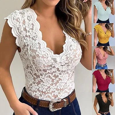 $18.99 • Buy Women's Lace Singlet Summer V-Neck Hollowed Out Basic Tank Top Camisole Shirt