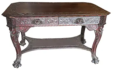 R.J Horner Heavily Carved Library Table Partners Desk Northwind Heads Paw Feet • $2300