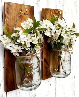 Wooden Wall Mounted Flower Jar 2 Glass Mason Candle Holders Lantern Rustic Wood • £42