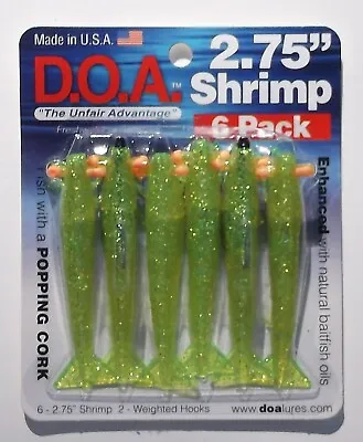 Doa 2.75  Chartreuse Silver Glitter Shrimp + 2 Weighted Hooks • $13