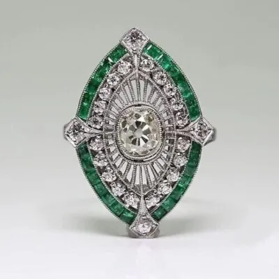 Art Deco Vintage Style 2.45Ct Lab Created Diamond Emerald Engagement Silver Ring • $100.10