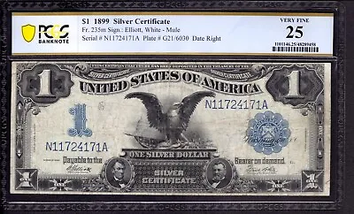 1899 $1 SILVER CERTIFICATE BLACK EAGLE FR.235m MULE ELLIOTT WHITE PCGS B VF 25 • $219.99