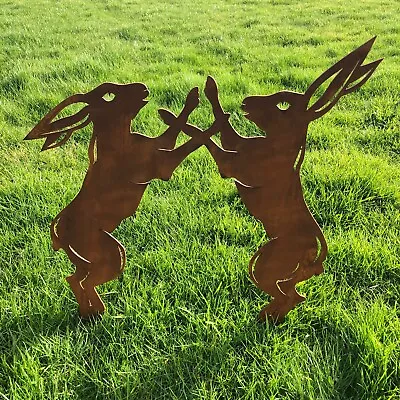 Rusty Metal Boxing Fighting Hares Garden Feature Decoration Statue Sculpture Art • £85