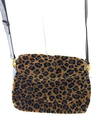 NICE Vintage Gevive By Boyt Leopard Chenille Black & Tan Purse Bag Leather Strap • $54.99