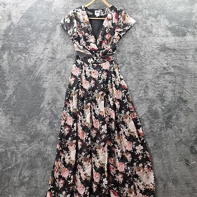 $26.95 • Buy LEMISEE Womens Dress Size 6 Black Pink Floral Short Sleeve Split Midriff Maxi