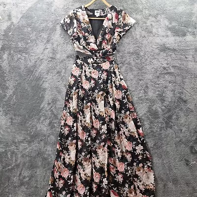 $26.95 • Buy LEMISEE Womens Dress Size 6 Black Pink Floral Short Sleeve Split Midriff Maxi