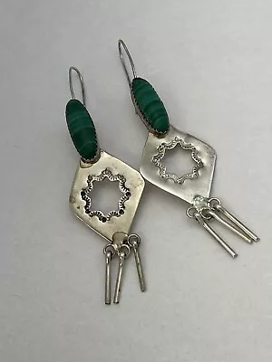 Vintage Hand Made Malachite Sterling Silver Wire Earrings 9.5 Gr 3  • $29