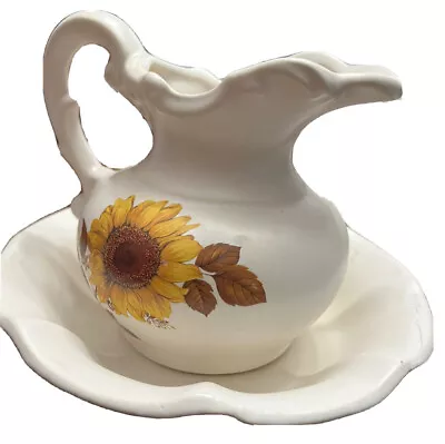 Vtg McCoy Pottery Yellow Sunflower Fall Scene Water Pitcher & Bowl Basin Set USA • $28