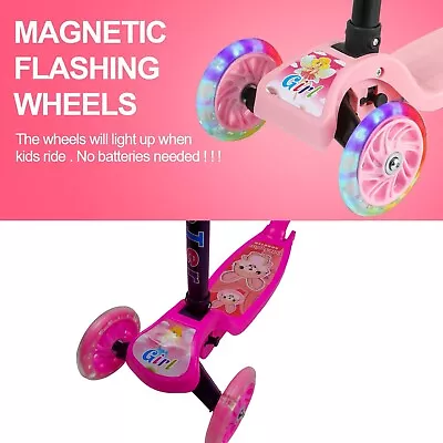 3 Wheels Kids Color Pink Push Scooter Flashing LED Light Up Adjustable Kids Gift • £13.49