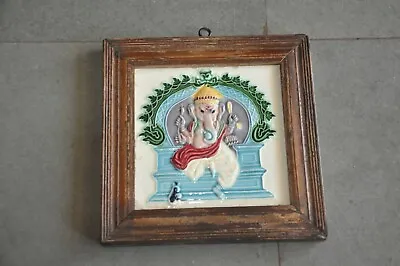 Vintage Unique Wooden Framed Goddess Ganesha Picture Fine Ceramic Tile • $92.58