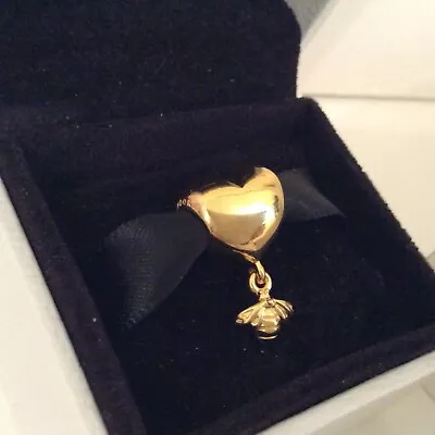 NEW Genuine Pandora Shine 18ct Yellow Gold Plated Heart And Bee Dangle Charm • £45