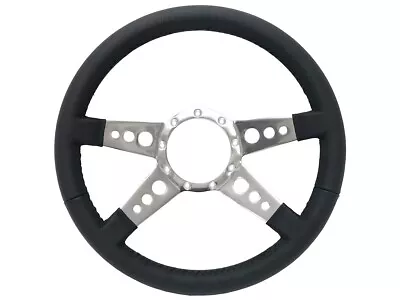 14  Polished 9 Hole 4-Spoke Drilled Steering Wheel W/ Black Leather Grip • $157.99