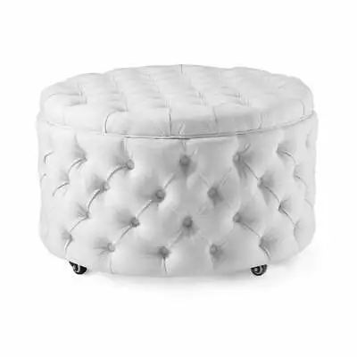 Round Storage Ottoman Blanket Box Foot Stool Large 75cm Linen White Emma • $399