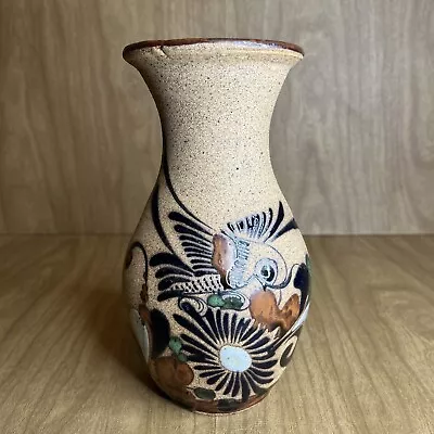 Tonala Mexican Sandstone Stoneware Pottery Vase Signed Floral Bird Brown 8” • $9.99