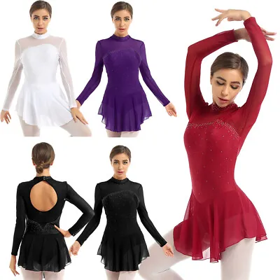 £22.55 • Buy Women's Figure Ice Skating Dress Long Sleeve Rhinestones Lyrical Dance Costume