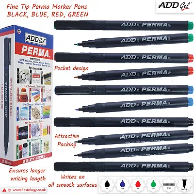 ADD GEL Perma Fine Tip CD DVD OHP Permanent BLACK BLUE RED GREEN Marker Pens • £4.99