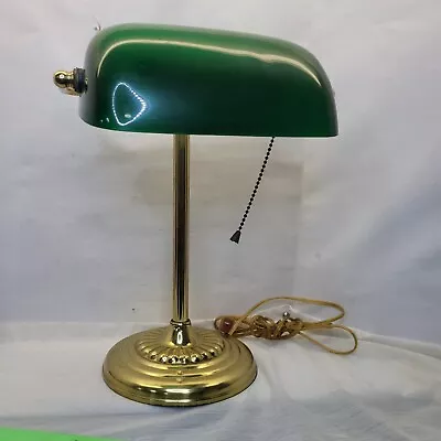 Vintage Banker's Desk Piano Lamp Green Glass Shade Pull Chain Brass Base • $34.50