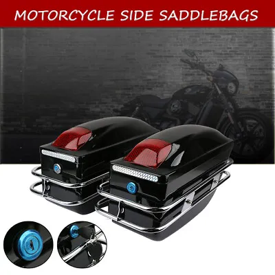 Pair Saddlebags Luggage Side Box Motorcycle Hard Case Black W/ Lights + Brackets • $214.50