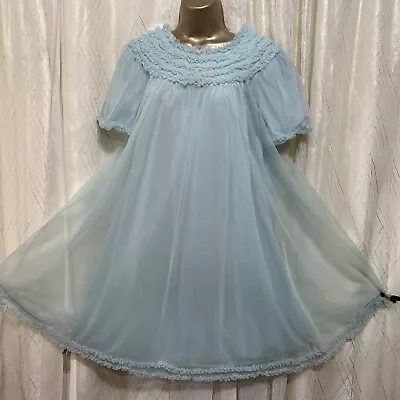 VTG 34 36 Babydoll Sky Blue Ruffle Trim Sheer Db Chiffon Nylon Nightgown • $69.99