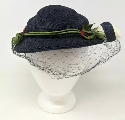 VTG 1940s ADJ Navy Blue Woven Straw Veil Rose Flower Women Millinery Hat DB21 • $29.33