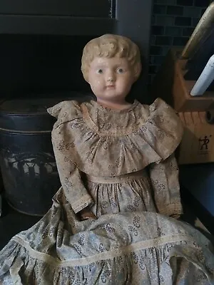 Antique German 20” Minerva Metal Tin Shoulder Head Doll With Full Body Dress  • $68