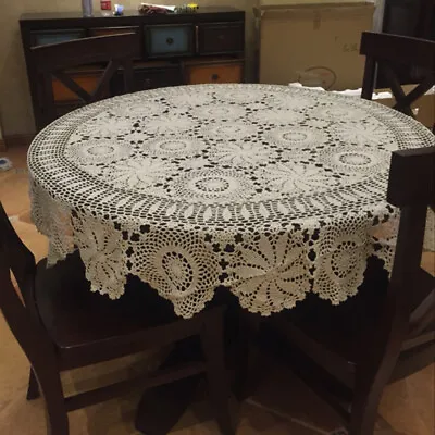  59  Hand Crochet Tablecloth Vintage Cotton Round Lace Table Cloth Cover Wedding • $58.99