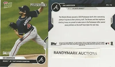 Ian Anderson BRAVES 2020 TOPPS NOW POSTSEASON NL EAST CHAMPIONS PS-74 SP 542 RC • $3.99