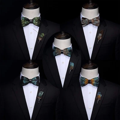 £13.19 • Buy Feather Pre-tied Bow Tie Brooch Sets Wedding Dickie Bow Tie Fancy Dress Party