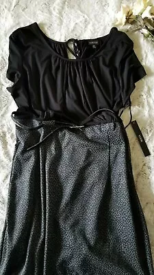 Voir Voir Black Cheetah Print Skirt Solid Black Flowy Top Belted Dress Size 16 • $27.95