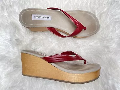 Vintage 90s STEVE MADDEN Dana Flip Flop Wedge Wooden Sandals • $45