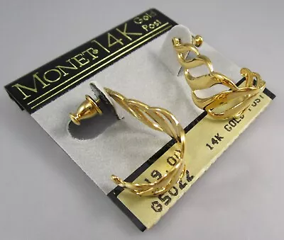 NOS Vintage 90s MONET Open Cut Gold Tone J Hoop 14K Post Pierced Earrings 74T • $9.99