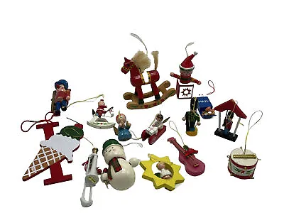 Lot 15 Christmas Ornaments Wood Vintage Mini Wooden Painted Angel Drum Snowman • $25.99