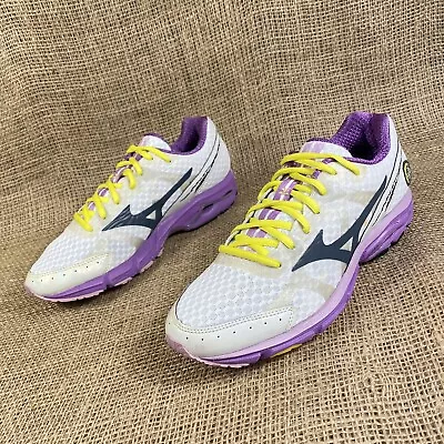 MIZUNO RUNNING SHOES WAVE RIDER WHITE PURPLE Yellow WOMENS SIZE 9 • $29.99