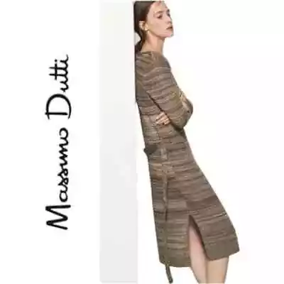 Massimo Dutti Long Sleeve V Neck Striped Belted Midi Sweater Dress Brown Sz M • $26.98