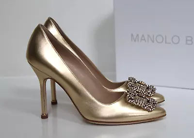 6.5 / 36.5 Manolo Blahnik Gold Leather Brooch Hangisi Crystal Buckle Pump Shoes • $845